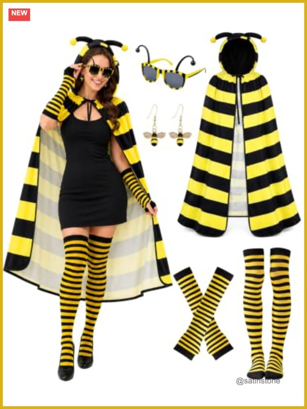 Bee Costume Set Hooded Cape Arm Warmers Socks Sunglasses Earrings